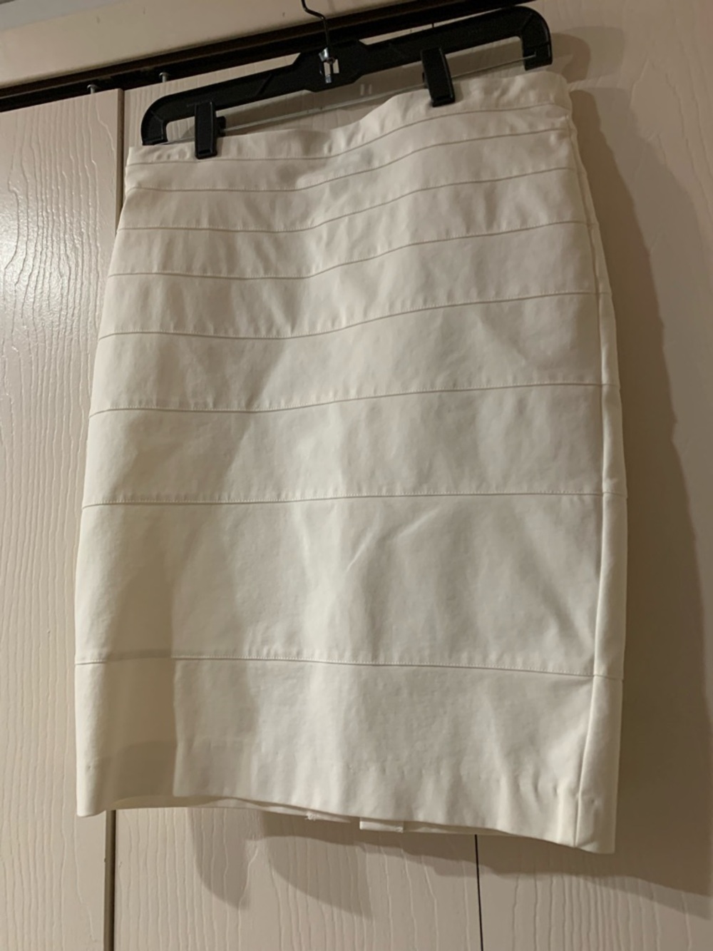 Thalian White Pencil Skirt with Horizontal Banding